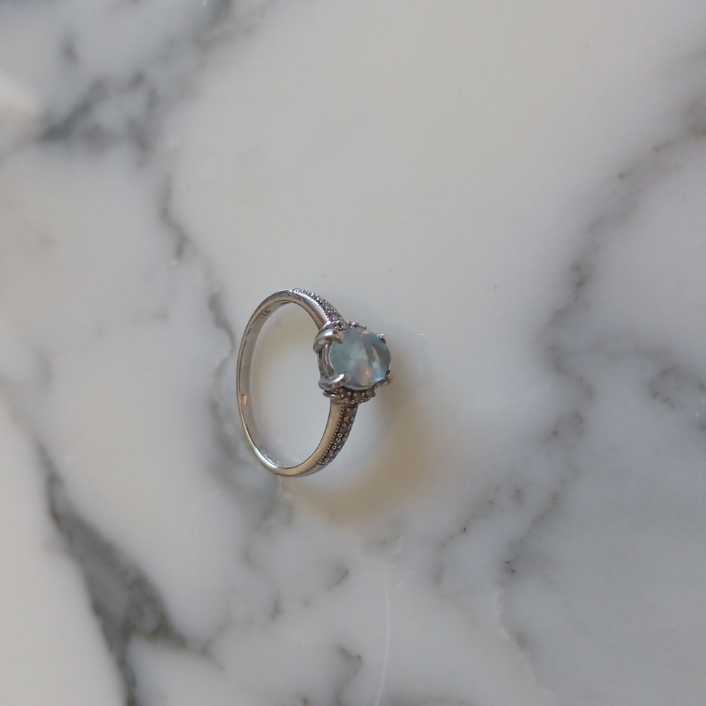 Aquamarine and Diamond Sterling Silver Ring Size 7.5